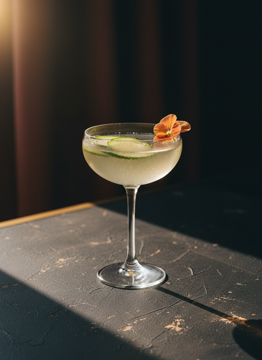 L'Effleurée — coupe vintage, gin floral, sureau, concombre, fleur comestible