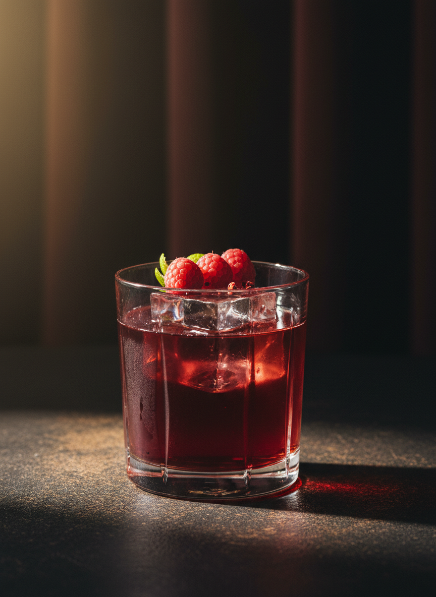Le Velours Grenat — tumbler taillé, vodka, framboise, balsamique réduit, poivre rose
